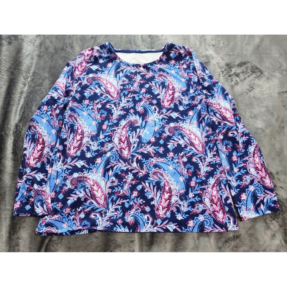 Talbots Tee Womens XL Petite Blue Pink Paisley Long Sleeve Cotton Stretch Top